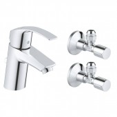 Смеситель для раковины GROHE Eurosmart New с угловыми вентилями (2 шт.) и донным клапаном, хром (23588000)