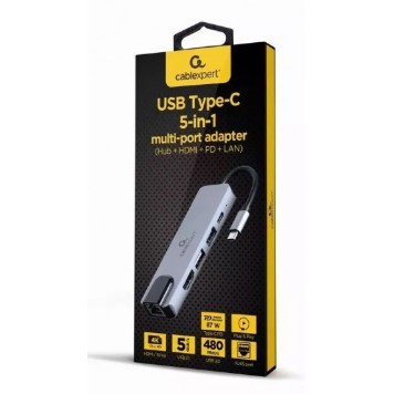 Конвертер Cablexpert USB Type-C 5-in-1 multi-port adapter (Hub + HDMI + PD + LAN)-1