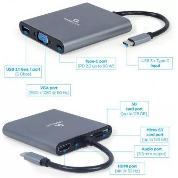 Конвертер Cablexpert USB Type-C 6-in-1 multi-port adapter (Hub3.1   HDMI   VGA   PD   card reader   stereo audio) space grey (A-CM-COMBO6-01)-2