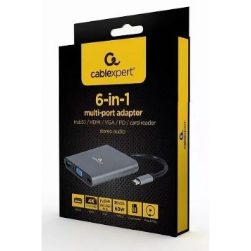 Конвертер Cablexpert USB Type-C 6-in-1 multi-port adapter (Hub3.1   HDMI   VGA   PD   card reader   stereo audio) space grey (A-CM-COMBO6-01)-3
