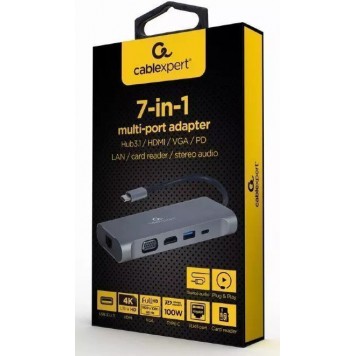 Конвертер Cablexpert USB Type-C 7-in-1 multi-port adapter (Hub3.0HDMIVGAPDcard reader stereo audio) space greyUSB-C PD (A-CM-COMBO7-01)-1