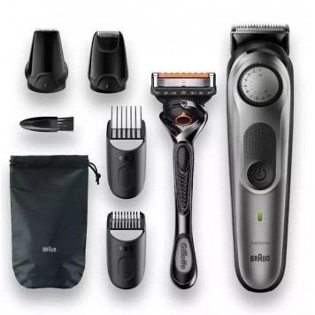 Триммер для бороды и усов Braun BT7320 4 насадки и бритва Gillette серебристо-черный