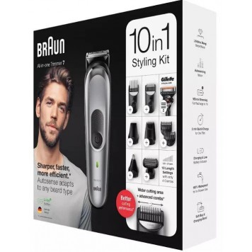 Триммер для бороды и усов Braun BT7320 4 насадки и бритва Gillette серебристо-черный-9