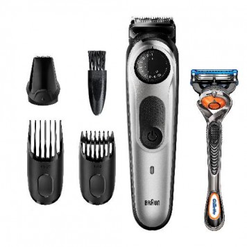 Триммер для бороды и усов Braun BT5260, 3 насадки и бритва Gillette, серебристый